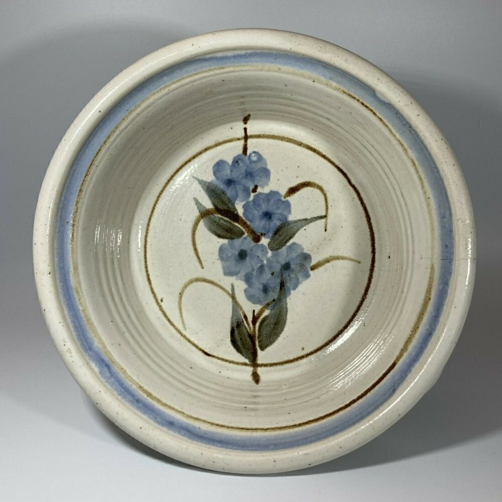 Artisan Signed Glazed Pottery Ivory Gray Serving Bowl w/ Handles Blue Flowers